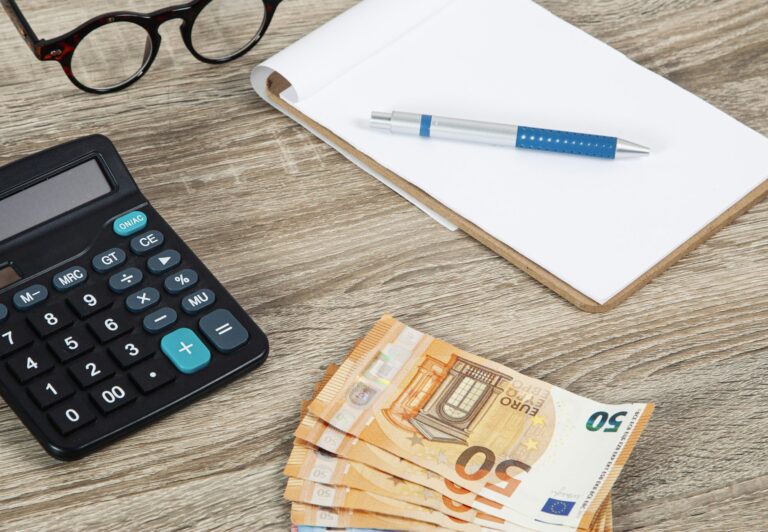 Banknotes and calculator, Euro banknotes, money, finances, taxes, benefits and costs, 50 euros