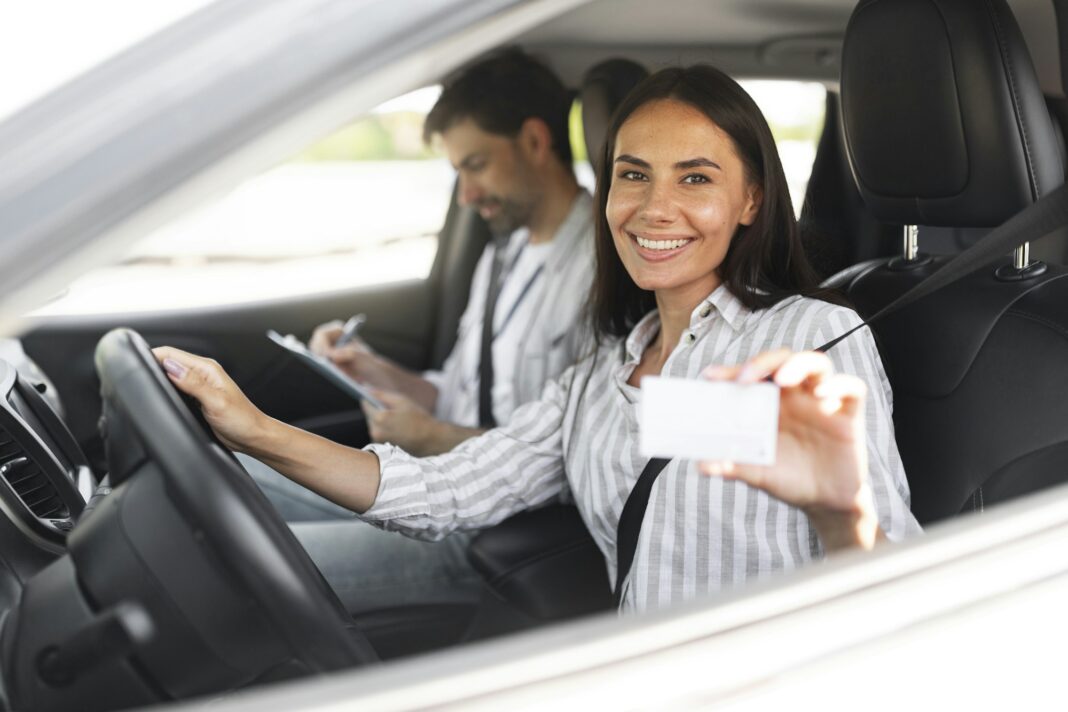 Young Woman Showing Her Driving License, Sitting In Car